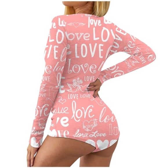 QTBIUQ Women’s Valentine's Day Not Positioned Print V-neck Long Sleeve Bodysuit Lingerie Pajamas Romper