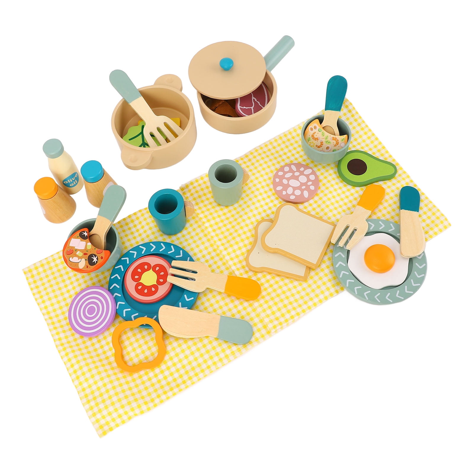 Wooden Kitchen Utensils Play Set, Wooden Play Food Set Role Playing Bright Color Safe  for Kids