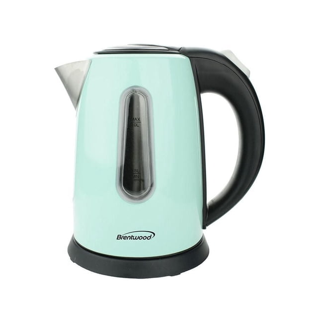 Brentwood Stainless Steel Cordless Electric Kettle in light blue with black handle and base, featuring a 1-liter capacity water level indicator, stainless steel interior, concealed heating element, cordless 360-degree swivel base, and boil-dry protection for safe, quick boiling.