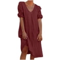 thumbnail image 2 of Liquidation d'Été 2025! Robe pour Femme Grande Taille, Liquidation de Robes d'Été pour Femmes, Combinaison d'Été pour Femme en Coton et Lin à Manches Courtes, Col en V, Manches Courtes, Jupe Longue, 2 of 5