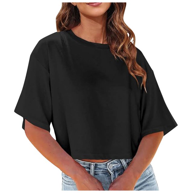 Fgnfyis T-Shirts Courts à Col Rond pour Femmes, Manches Courtes, Épaules Dénudées, Hauts Courts, T-Shirts pour Femmes, Noir, TG