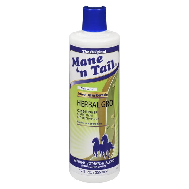Mane N Tail Herbal Gro Conditioner 12 fl. oz. bottle with blue cap, formulated with olive oil, keratin, and natural botanical blend including shea butter to nourish, strengthen, and condition hair for silky softness and shine.