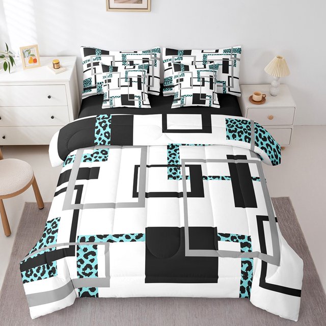 YST Ensemble de Douillette Moderne 7 Pcs, Ensembles de Literie à Imprimé Guépard Bleu pour Femmes, Lit dans un Sac Très Grand à Rayures Noires, Ensembles de Lit Minimalistes Réversibles avec Drap Plat et Drap-Housse, Couvre-Oreillers