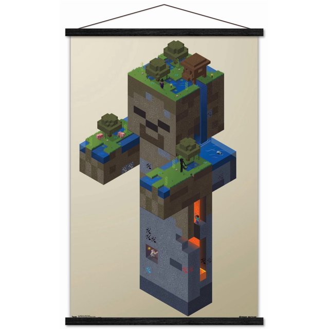 Minecraft - Zombie Swamp Wall Poster, 14.725" x 22.375" Framed depicting a 3D block-style zombie figure composed of Minecraft terrain elements like grass, water, trees, lava, and pixelated characters including a player and animals, framed in black wood with a hanging string, suitable as wall art and room decor.