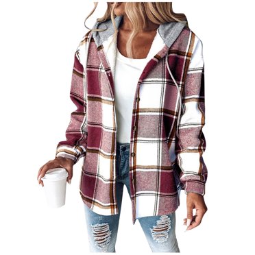 aohooy 2025 Womens Long Sleeve Jacket - Fuzzy Warm Plaid Shacket No Chest Pocket Fleece Lined Hooded Oversized Coat Hot Pink,S