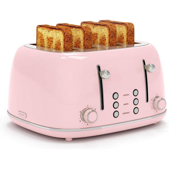 Toaster 4 Slice, Retro Stainless Toaster with 6 Bread Shade Settings,1.5''Wide Slots Toaster with Cancel/Defrost/Reheat Functions,Dual Independent Control Panel (Pink)