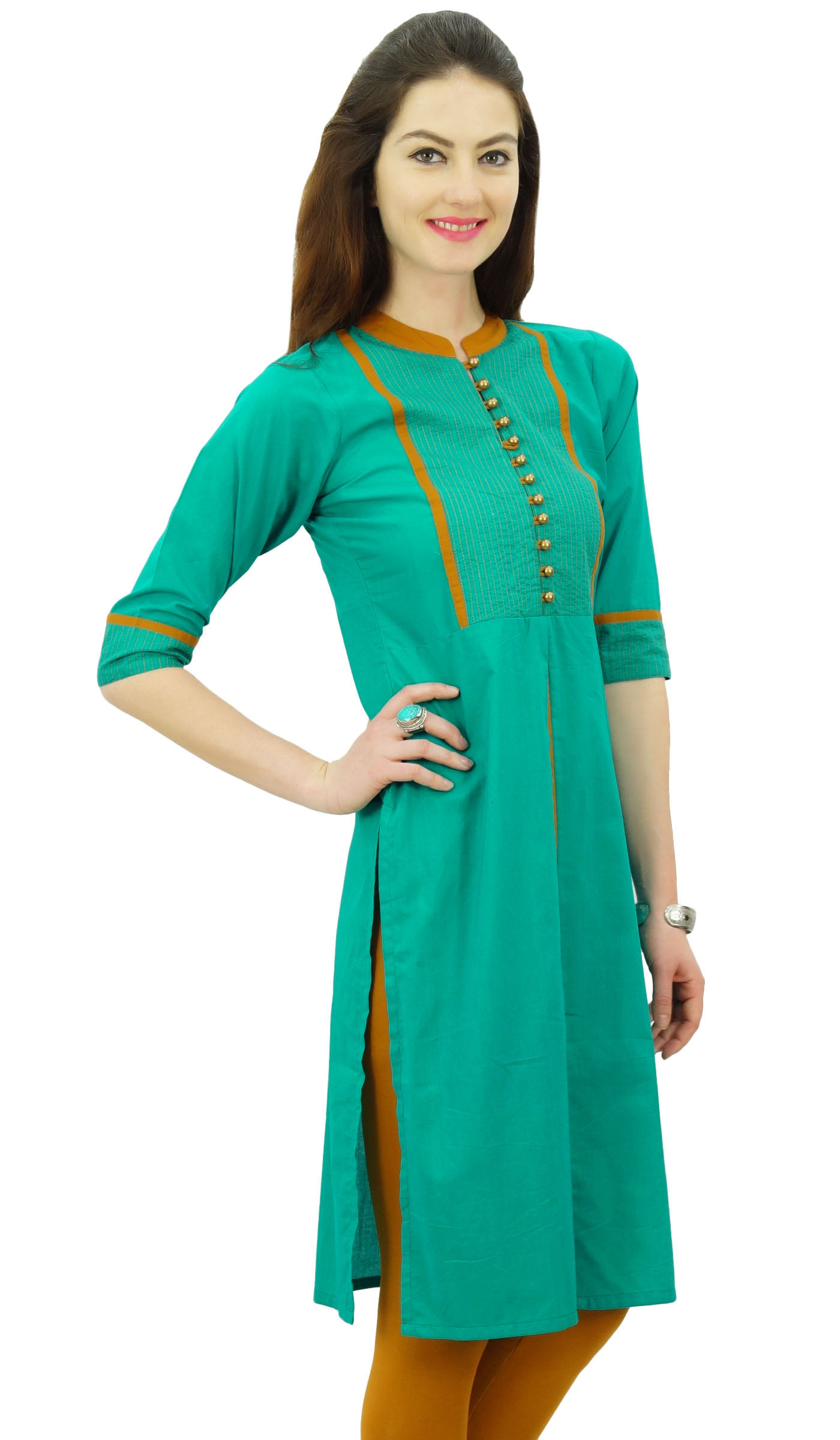 Phagun Women Solid Pattern Mandarin Collar Straight Kurti Indian Designer Ethnic Dress