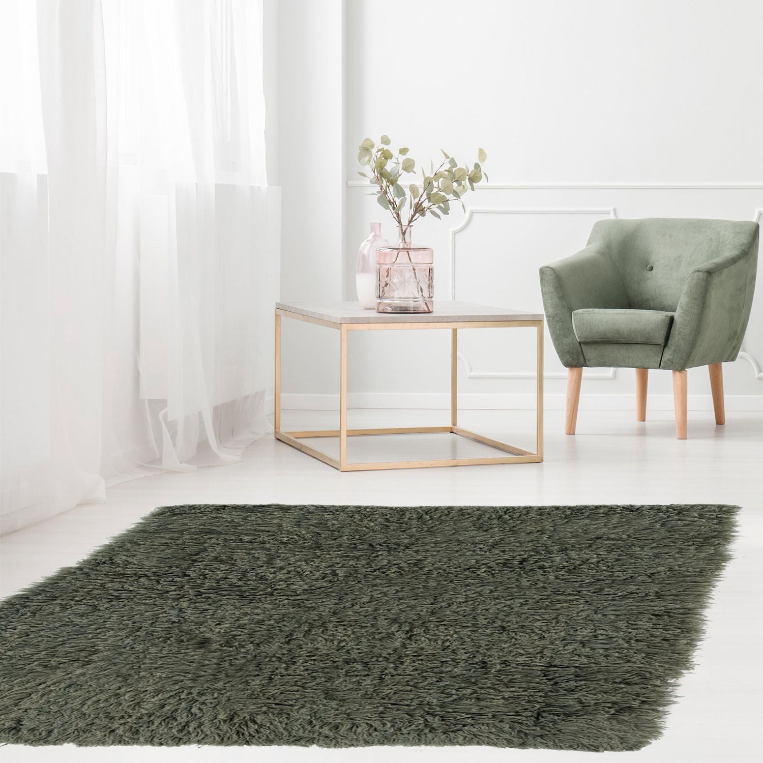 New Flokati 1400gr 3'6" x 5'6" Accent Rug, Olive