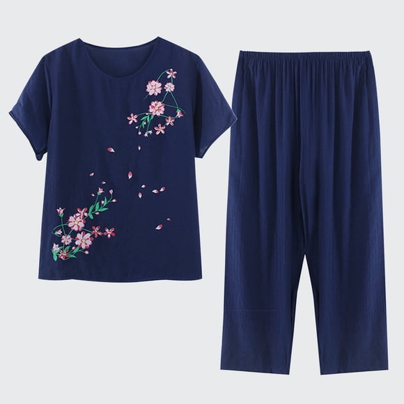 TIMIFIS Pajamas Sets for Women 2 piece Plus Size Pajamas Cotton and Linen Short Sleeved Round Neck Top Sleepwear Comfortable Breathable Pajamas - Spring/Summer