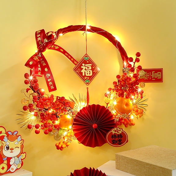 Wreath - Festive Chinese Year Front Door 2024 LED Red Berry Wall Fireplace Outdoor Celebration Ornament for Spring Festival