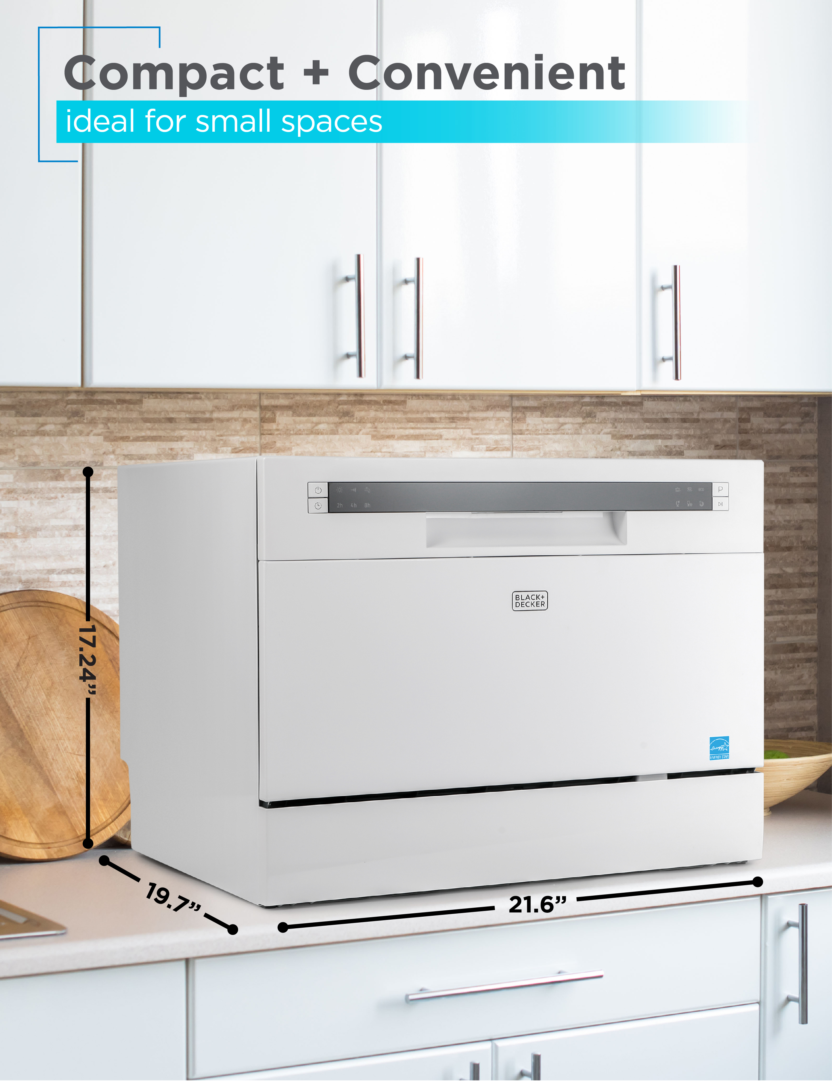 BLACK+DECKER Countertop Dishwasher, 6 Wash Programs, 6-Place Setting Capacity, Stainless Steel Interior, ENERGY STAR Certified, BCD6SD, White