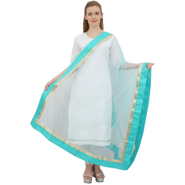 Phagun Dupatta Longue en Filet de Designer Indien pour Femmes, Foulard Hijab, Jeté - Turquoise