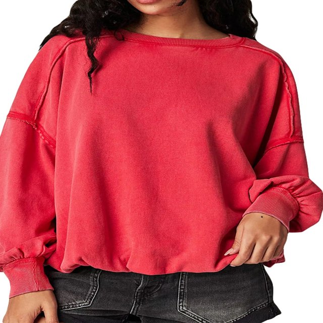 Pull Ample Couleur Unie Printemps avec Col Rond et Manches Longues pour Femmes