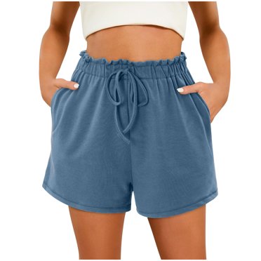 Yanlir Women's Yoga Sport Shorts Solid Color Drawstring Rope Tie Casual Shorts Lightweight Running Athletic Shorts(Navy,S)