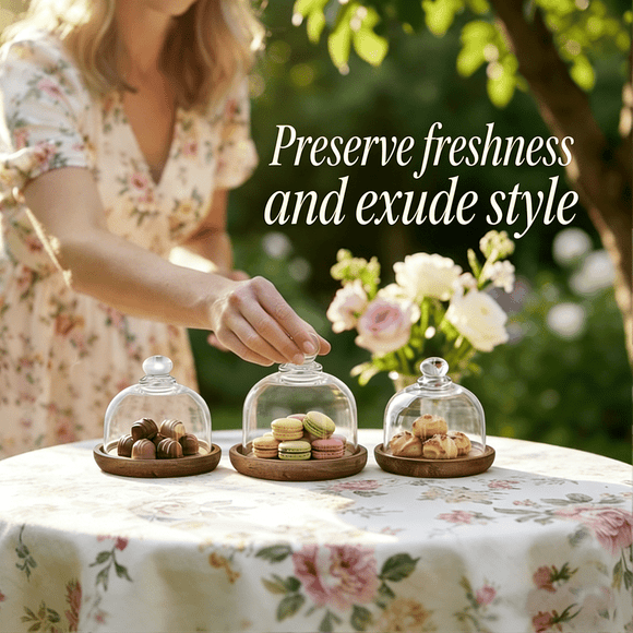 Glass Dessert Dome with Wooden Base - Elegant Display Cover for Cakes & Pastries, Versatile Serving Cloche for Home & Events, JKODE
