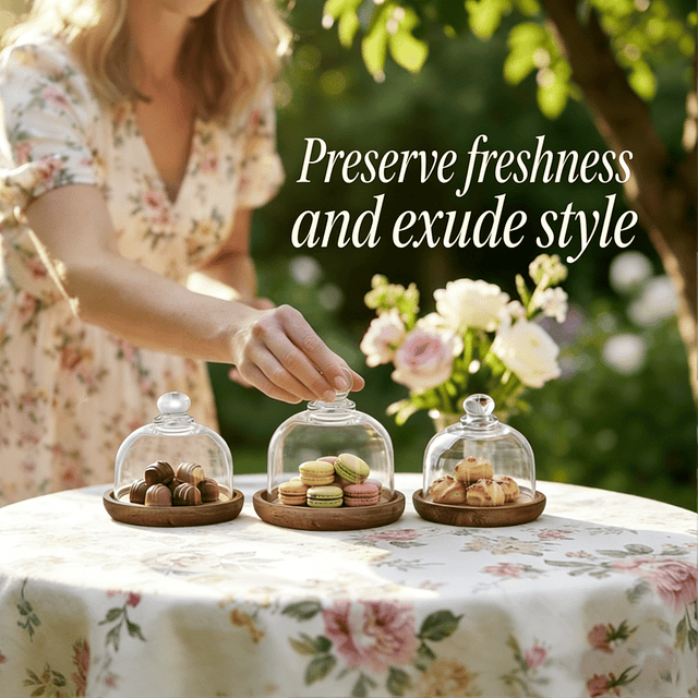 weibbin Mini Glass Dessert Dome 6 Inch with Wooden Base, Glass Cake Cloche Cover, Food Display Stand for Kitchen