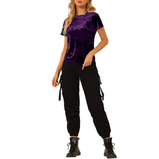INSPIRE CHIC T-Shirt Décontracté en Velours Violet à Col Rond et Manches Courtes pour Femme, Taille TP