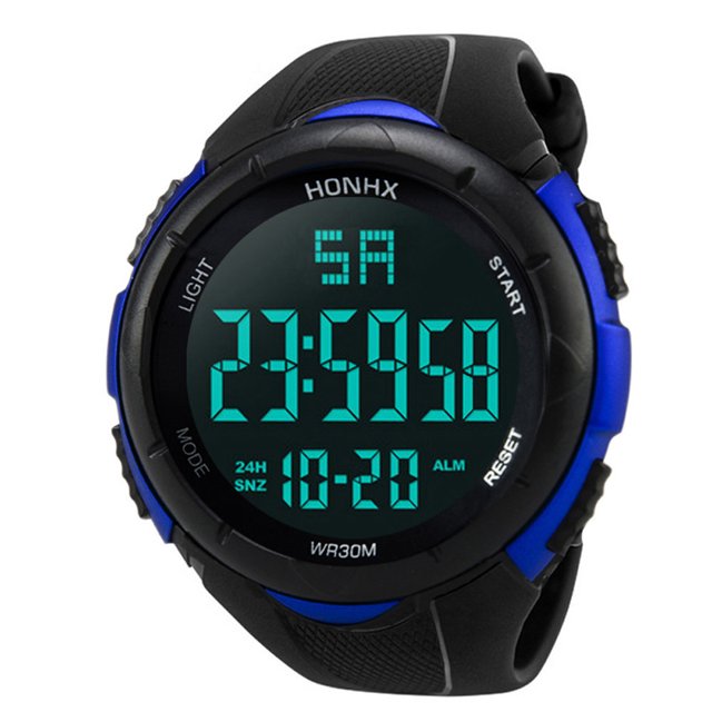 TIMIFIS Smart Watch Luxury Men Analog Digital Military Sport LED Wrist Watch with a black silicone strap and a vibrant digital display accented in blue. The watch features a 5.5 cm case diameter, 1.5 cm case thickness, and an adjustable strap for wrist sizes from 17.5 cm to 22.5 cm. Constructed with a durable PC case and acrylic dial, it includes precise JP quartz movement, making it ideal for sports and everyday wear.