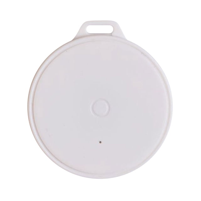 EGNMCR Mini Tracking Device Tracking Key Child Finder Pet Location Smart Bluetooth Car Pet Vehicle Lost Tracking Device. A compact, circular white device with a small hole for attachment, designed for tracking keys, pets, or personal items. Features include Bluetooth connectivity, anti-lost alarm, and location recording via a mobile app. Measures 4x4 cm (1.6x1.6 in) and includes a replaceable CR2032 battery with up to 6 months of life.