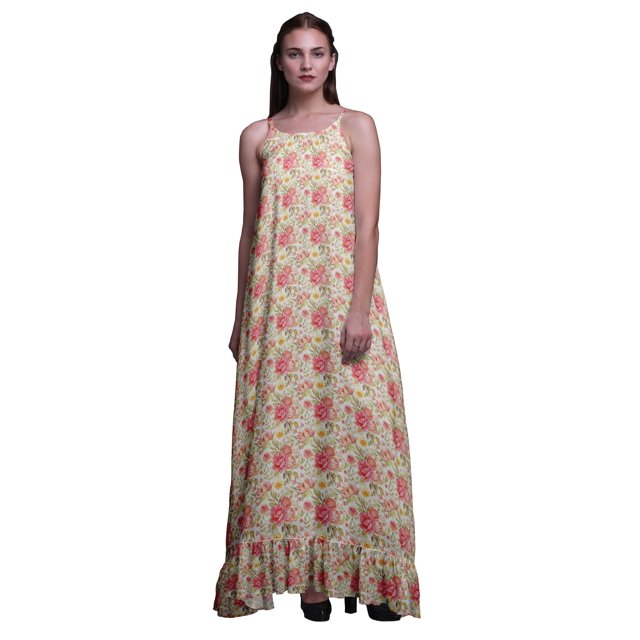 Bimba White2 Floral Leaves & Peony Vêtements de Nuit pour Femmes Nuisette Imprimée Robe Maxi à Bretelles Spaghetti Tenue de Sommeil Petit