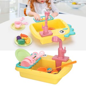 Jouets de cuisine, Lave-vaisselle Jouets à jouer Rôle Jouer Dinosaure Forme Pretend Courir système de circulation d'eau pour les enfants pour la maison jaune