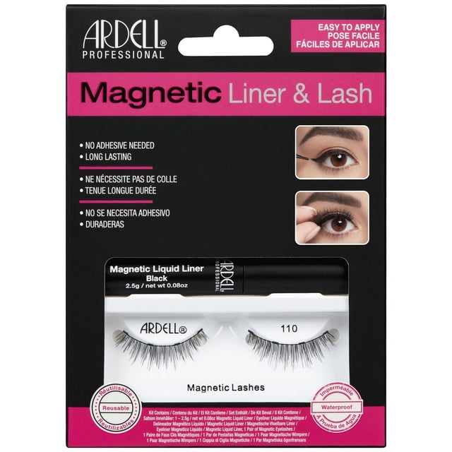 Ardell - Magnetic Liquid Liner & Lash Kit 110 with 2.5g black magnetic liquid liner and one pair of reusable magnetic lashes featuring natural wispy strands, packaged in a black and pink box with instructions in English, French, and Spanish emphasizing no adhesive needed and waterproof formula.