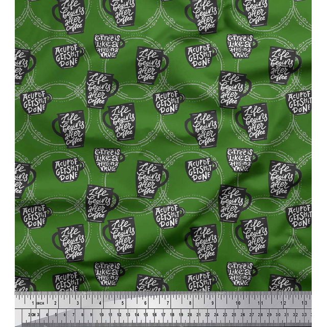 Soimoi Green Modal Satin Fabric Life Begins After Coffee Text Print Sewing Fabric Yard 42 Inch Wide