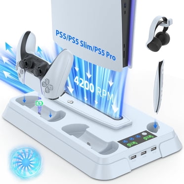 Support Ultramince et Station de Refroidissement pour PS5 / PS5 Pro/PS5, Station de Recharge de Manettes pour Console PlayStation 5, Support PS5 avec Chargeur de Manettes CD et Numérique, Support PS5 avec Ventilateur de Refroidissement