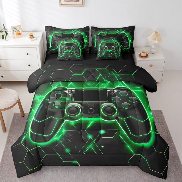 Neon Honeycomb Bed in a Bag Queen Comforter Set 7 Piece,Gamer Gamepad Bedding Sets Video Game Controller Gaming Sheet Set with Comforter,2 Pillowcases,2 Throw Pillow Covers