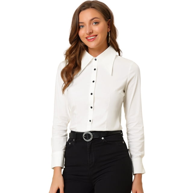 INSPIRE CHIC Women's Point Collar Long Sleeve Button Shirt White S