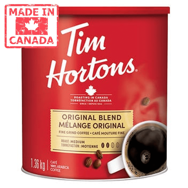 Tim Hortons Original Blend Fine Grind Coffee Large, 1.36 kg/48oz. A red container with Tim Hortons branding, featuring medium roast 100% Arabica ground coffee with a smooth, balanced taste. Fine grind ideal for drip machines and refillable pods, suitable for households and office use.