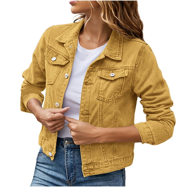 Pompotops Veste en Denim Unie pour Femmes à Manches Longues, Cardigan Amincissant avec Poches, Manteau, Hauts, Liquidation