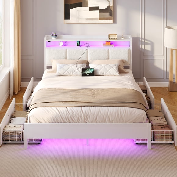 Greenstell Greenstell Full Size Bed Frame with Storage Headboard, LED Lights, Charging Station, 4 Drawers, Heavy-Duty Metal Platform Bed with USB & Type-C Ports,Off White