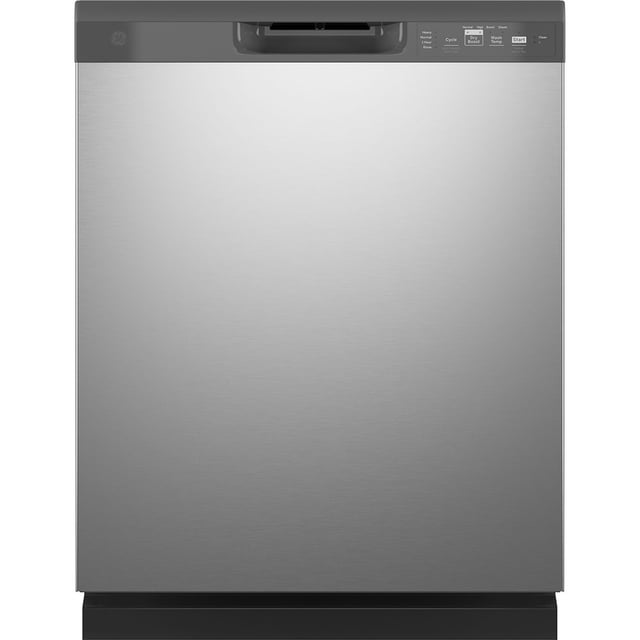 GE 24" Built-In Front Control Dishwasher Stainless Steel - GDF510PSRSS, a commercial-grade dishwasher with fully integrated electronic controls, Energy Star certification, and advanced features like Active Flood Protect and Turbo Dry Boost. Includes a Piranha hard food disposer, 4 wash cycles, and a noise level of 59 dBA. The stainless steel front panel is complemented by a black control strip at the top.
