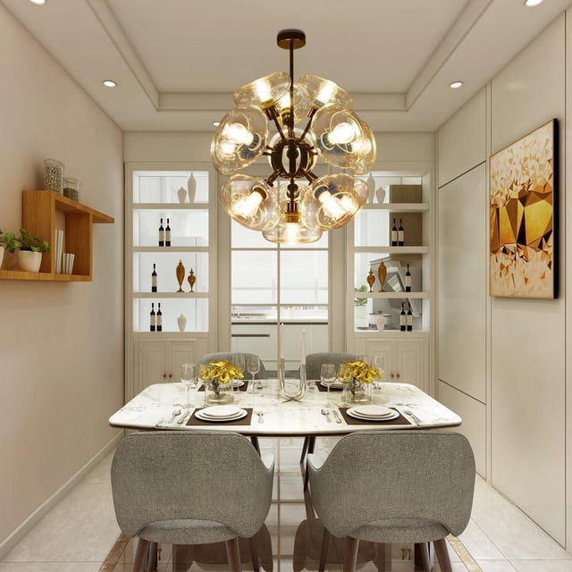 Magnifique CHANDELIER en Forme de Pissenlit avec 14 Ampoules DEL en Alliage Noir et Verre, Suspendu au-Dessus d'Un Ensemble de table à Manger en Marbre pour Quatre avec Chaises Rembourrées Grises dans une Salle à Manger Moderne avec Étagères Blanches Intégrées Présentant des vases Décoratifs et des Bouteilles de Vin, des Murs Beiges, et des Oeuvres Murales Géométriques Dorées et Brunes.
