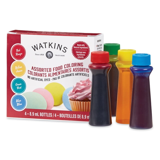 WATKINS WAT AST FOOD COL 4 Pack avec Quatre Bouteilles de 8,9 ml de Colorants Alimentaires Assortis en Rouge, Jaune, Vert et Bleu avec Capuchons Assortis, Affichés à Côté d'Une Boîte Mettant l'Accent sur des Ingrédients Naturels, Sans Colorants Artificiels et Convenant à la Cuisson Sans Gluten.