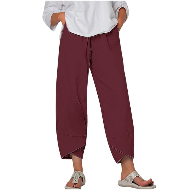 Timegard Plus Size Pants for Women Elastic Waist Solid Color Comfy Fall Casual Crop Pants with Pockets