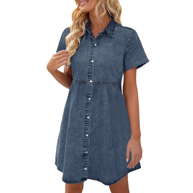 XDZJLR Robes pour Femmes Manches Courtes Boutonnée Fluide Jupe en Denim à Volants