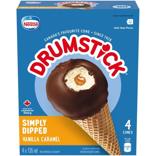 NESTLÉ® DRUMSTICK® Simply Dipped Cones 4 x 135 ml box showing a vanilla caramel frozen dessert cone with a crisp sugar cone, creamy vanilla ice cream, caramel core, and rich chocolate coating, made with Canadian dairy and no artificial colours.