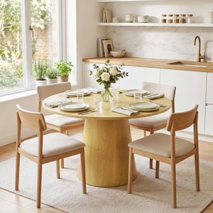 43" Table ronde pour 4-6 personnes, Table de salle à manger en bois avec socle, Table moderne de cuisine ferme pour la maison, Salle à manger & Salle de séjour
