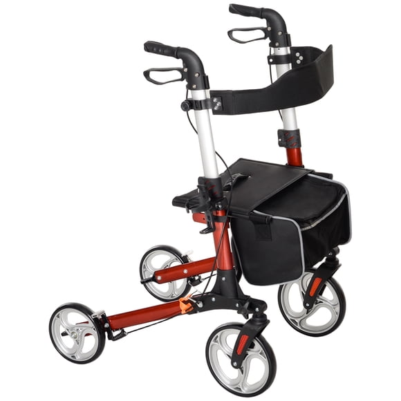 HOMCOM Folding Rollator Walker with Large Seat, Backrest, Baf, Red