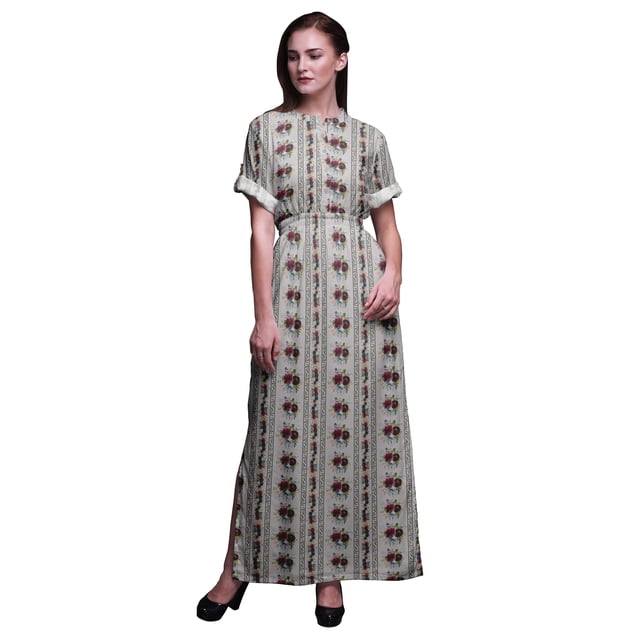 Bimba Robe Longue Imprimée en Rayonne à Feuilles et Fleurs, Taille Smockée, Fente Latérale, Robe pour Femme - XX-Grand