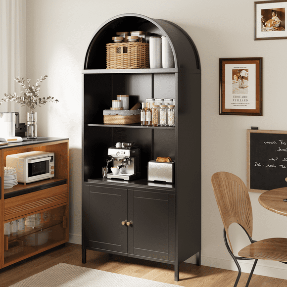 YODOLLA 73" Metal Arched Cabinet,Storage Display Arched bookcase with Open & Adjustable Shelves,Pantry,Curio Cabinet, Black