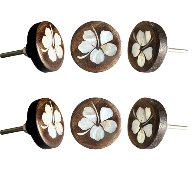 Hibiscus Bouton d'Armoire en Bois (Ensemble de 6)