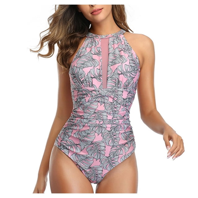 Cadeaux pour Meilleure Amie Femme une-Pièce Col Montant Tankini à Encolure en V Monokini Froncé en Maille Maillot de Bain