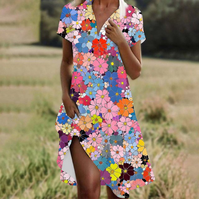 Ovzne Robes d'Été pour Femmes 2025 Robe de Plage Mode Femmes Imprimé Floral Col en V Manches Courtes Robe Ample et Confortable Robe de Printemps Manches Courtes Imprimée Liquidation