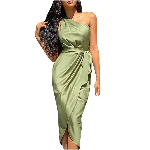 Fridja Robe Satinée Ajustée pour Femme, Couleur Unie, Épaule Asymétrique avec Ceinture