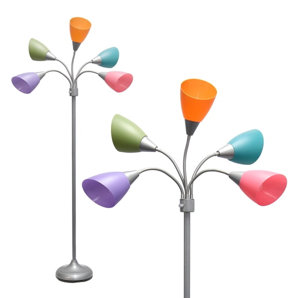 Simple Designs LF2006-SLM 67" Contemporary Multi Head Medusa 5 Light Adjustable Gooseneck Silver Floor Lamp with Fun Light Multicolored Shades for Kids Bedroom Playroom Living Roo