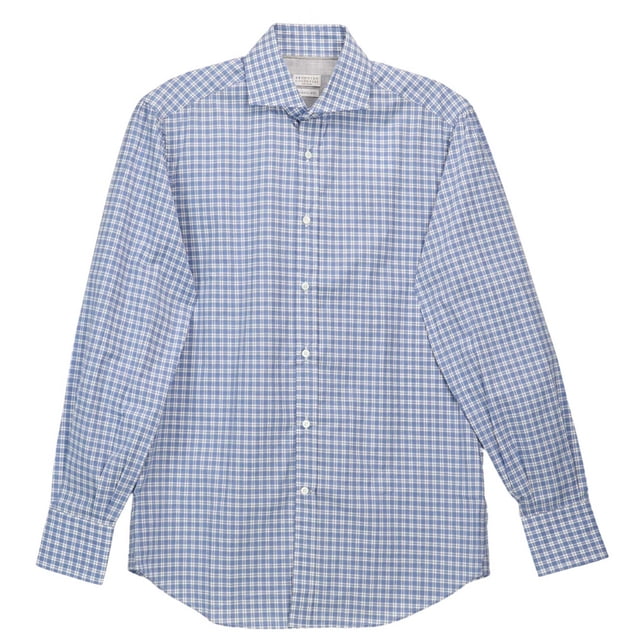 Brunello Cucinelli Men's Blue Basic Fit Plaid Dress Shirt in XXL size. This long-sleeve shirt features a classic blue plaid pattern with a button-down front and a pointed collar. Made from quality fabric, it offers comfort and style, ideal for formal occasions or upscale casual wear.