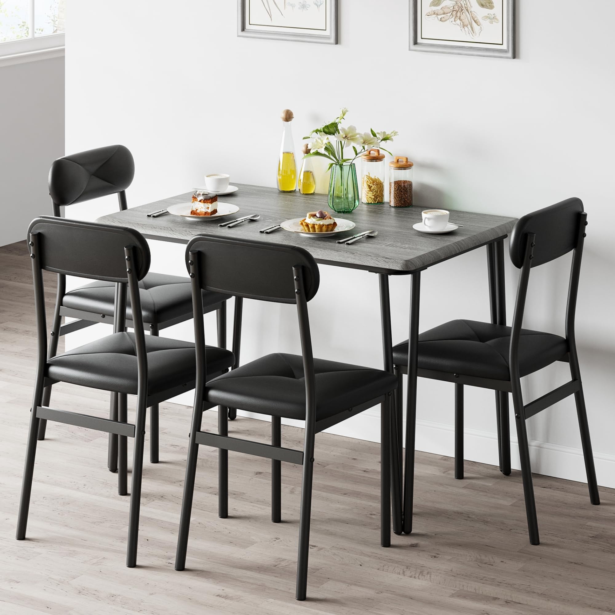 Dining Table Set for 4, Kitchen Table Chairs Set of 4, Industrial 5 Pieces Dining Room Table Set with 4 Upholstered Chairs,Furniture Dinette Set for Small Place, Apartment, Gray